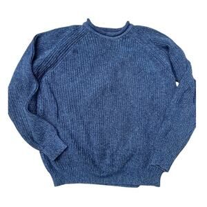 Vintage LL Bean Roll Neck Fisherman Knit Cotton Sweater, Mens L Blue Y2K 90s